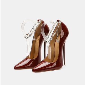 Factory's New <b>Red</b> Sexy Summer Slip-On Bridal Shoes Large-sized High <b>Heels</b> 16cm Height Increase Thin <b>Heel</b> Pointed-Toe - Product Image 1