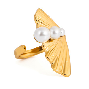 Ginkgo Leaf <b>Open</b> Pearl <b>Ring</b> AAA Grade Bezel Setting Everyday Wear - Product Image 5