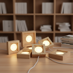 3D LED Modern Square Wooden Night <b>Light</b> Base Warm White <b>Plug</b>-<b>In</b> for Bedroom Table Lamp - Product Image 2