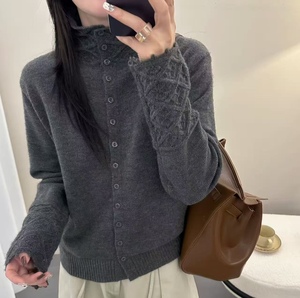 Nouveau cardigan en tricot uni pour femmes, pull décontracté pour femmes, <span class=keywords><strong>col</strong></span> montant, design découpé, cardigan à simple boutonnage en tricot - Product Image 4