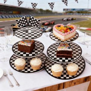Support à gâteau à trois niveaux en papier à carreaux noir et blanc pour décorations de fête sur le thème des courses, présentation de table d'anniversaire - Product Image 1