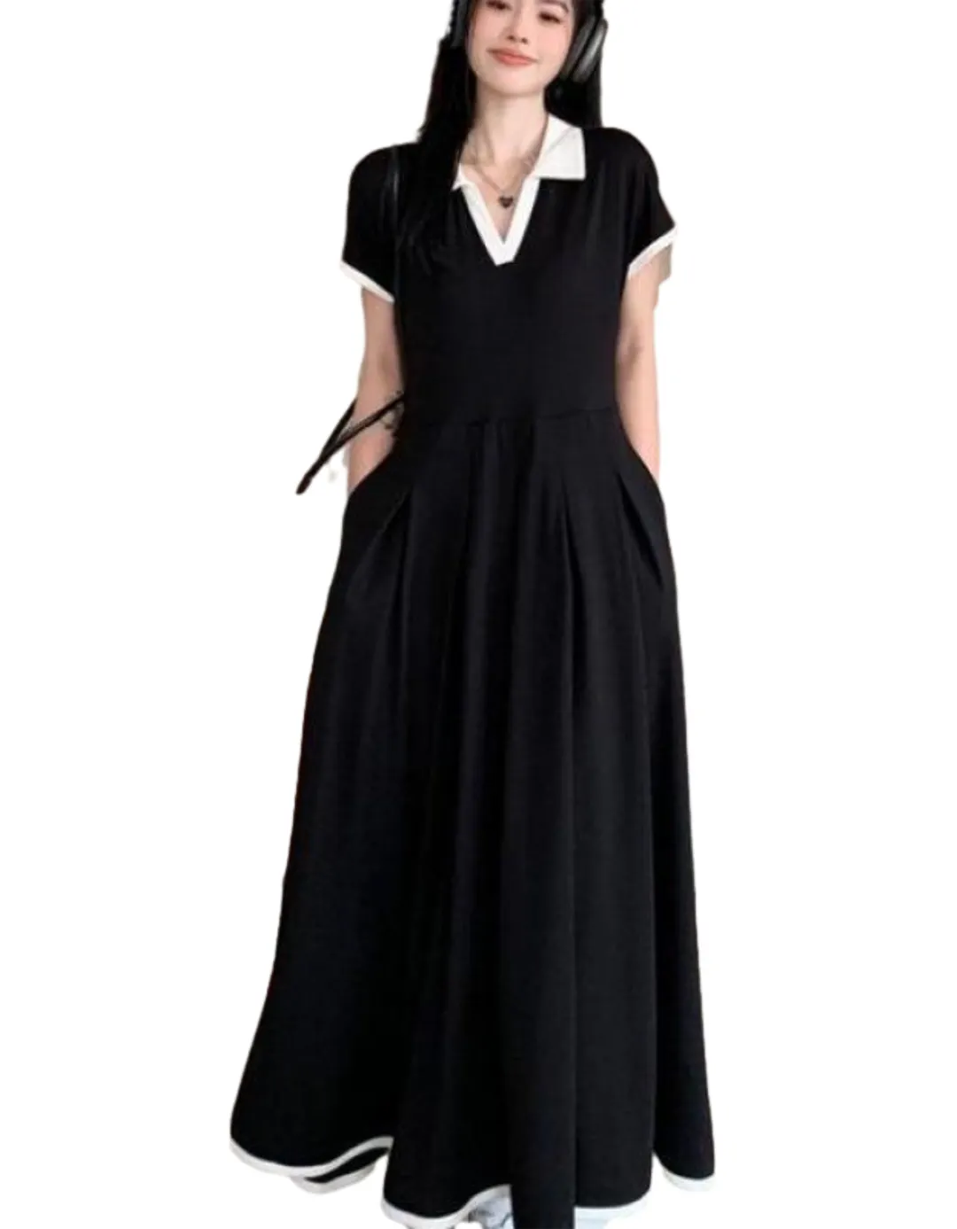 नाशपाती के आकार आंकड़ा काले पोलो सुरुचिपूर्ण आरामदायक पोशाक रेट्रो महिलाओं गर्मियों में आरामदायक पोशाक लंबी स्कर्ट स्वभाव देवियों कारण पोशाक