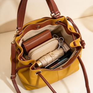 Bolso de mano tipo cubo con cordón para mujer, de piel sintética suave, con asa superior en color contrastante y correa de hombro extraíble - Product Image 2