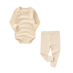 新生男婴女童纯色罗纹针织棉长袖连身裤秋冬季服装套装 - Product Image 2