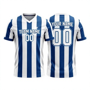 Custom Unisex Blue White Striped <b>Soccer</b> Jersey V-Neck T-Strap Short Sleeve Quick Dry Breathable 100% Polyester Front Customized - Product Image 2