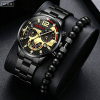 Jam Tangan Quartz Pria Multi Kronograf Polesan Halus Set Gelang Manik-Manik Tahan Air Tali Logam Paduan Kotak Hadiah Bisnis Olahraga