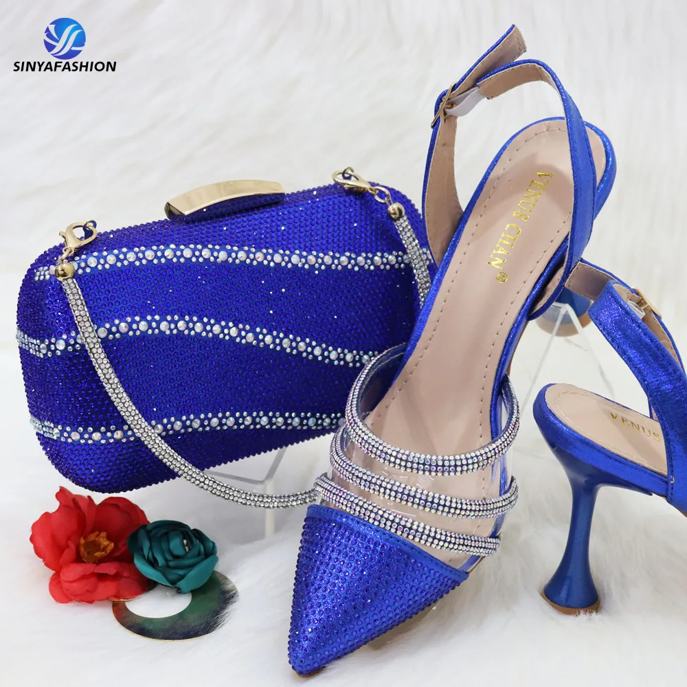 Sinya New Arrival Nigerian Party Shoes And Bags Set High Heels Ladies Gold Blue Shoes Wedding Party Luxury