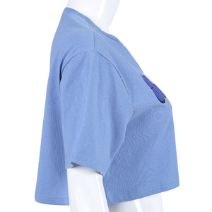 Nouvelle mode drôle femmes <span class=keywords><strong>basique</strong></span> plaine col rond manches courtes Crop T-<span class=keywords><strong>Shirt</strong></span> lettre graphique impression t-shirts doux bleu décontracté t-shirts - Product Image 5