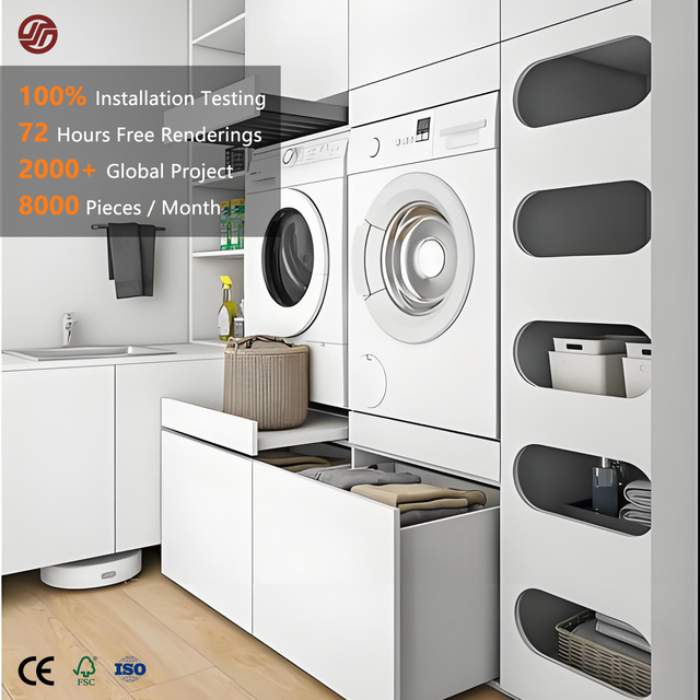 GINO Custom Integrated Wall Mounted Stacked Laundry Cabinet With Hanging Rod for Laundry Room Storage Furniture