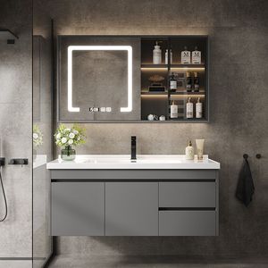 Jediman Bathroom Vanity With Smart Mirror Grey Minimalist Design Integrated Ceramic Basin Illuminated Sink Cabinet Set - Product Image 2