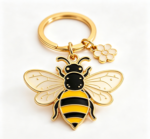 Enamel <b>Bee</b> Keychain Gold Tone Metal Key Ring Yellow Black Flower Charm <b>Gift</b> Accessory - Product Image 3