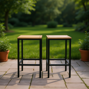 Set di 2 sgabelli da bar in rattan nero con piano in teak, sedie da giardino per esterni, design elegante e resistente - Product Image 2