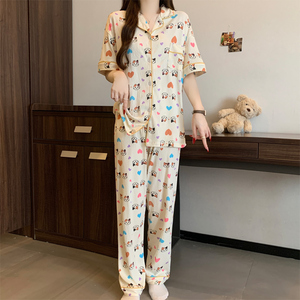 Conjunto de pijama de manga corta para mujer, estilo coreano, lindo y elegante, de tela arrugada - Nueva colección de primavera - Product Image 3