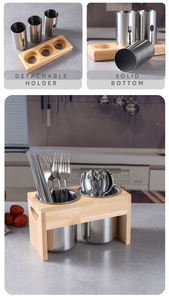 Set di 3 Portaposate in Acciaio Inox con Vassoio in Legno, Organizzatore per Bacchette, Forchette e Cucchiai con Supporto per Ristoranti e Cucine - Product Image 5