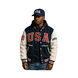 Veste universitaire formelle d'hiver avec logo personnalisé, broderie chenille, manches en cuir véritable, col montant, design frontal - Product Image 1