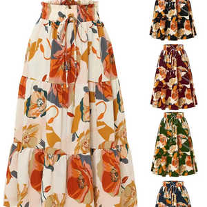 Gonna lunga estiva da donna <span class=keywords><strong>in</strong></span> poliammide, modello a trapezio, traspirante, antistatica, con motivo floreale, vita elasticizzata, design casual pieghettato - Product Image 1