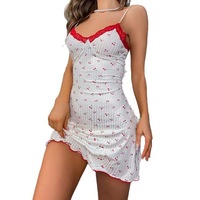Robe de nuit décontractée estivale pour femme, style camisole, avec dentelle, imprimé cœurs, froncée, moulante, esthétique, pyjama, vêtements de nuit