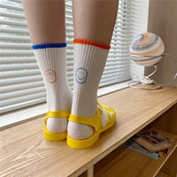 Chaussettes rayées bleu clair Ins Kpop, style coréen, chaussettes avec visage souriant, chaussettes pour femmes, chaussettes blanches pour filles, chaussettes d'école