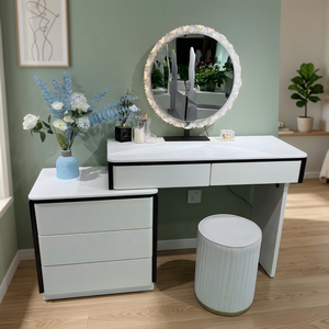 Modern White <b>Makeup</b> Vanity Table with Lighted <b>Mirror</b> and Storage Drawers for Bedroom Furniture - Product Image 2