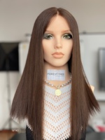 Perruque en cheveux humains casher SHY, brun foncé, avec dessus en dentelle, cheveux naturels, nœuds doux, aspect naturel, sur mesure