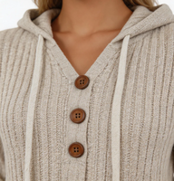 Pull-over décontracté en maille côtelée pour femme, à capuche, demi-boutonnage, poche kangourou, cordon de serrage, manches longues amples