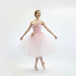 Vestido Tutú Romántico Rosa Floral para Mujer, Disfraz de Ballet de Tul Suave con Apliques de Flores para Actuación, Fitdance, Spandex/Nylon - Product Image 1