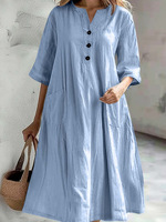 Robe mi-longue décontractée en coton et lin à col en V et demi-manches, style basique, trois boutons, pour femme, transfrontalière Europe-Amérique