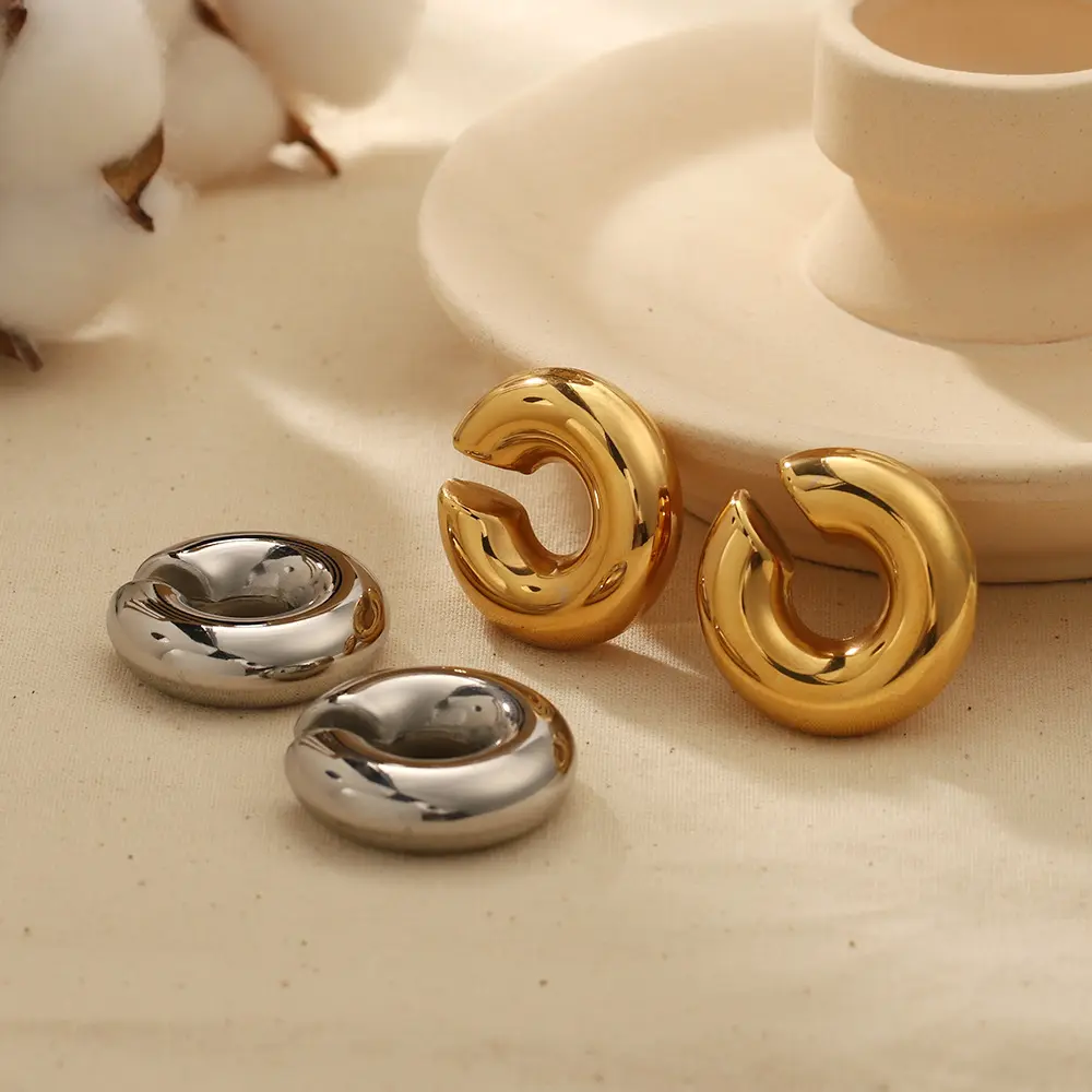 Brincos de argola grossos banhados a ouro, joia de aço inoxidável CC para mulheres, tubo largo, não perfurado e robusto, moda da moda