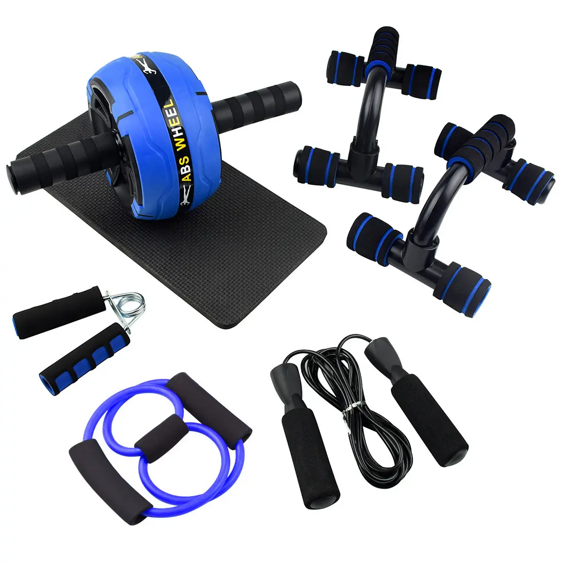 Home Exercise Machine Abdominal Wheel Resistance Tube Jump Rope Hand Grip Home Workout 6 In 1 Ab Wheel Roller Kit With Knee Pad