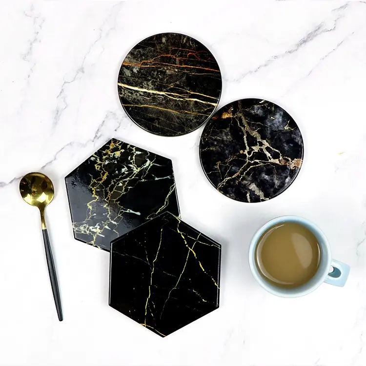 Custom OEM stocked round/ hexagon marble coffee tea cocktail beer mug coaster for drink and placemat ceramic cup mats pads