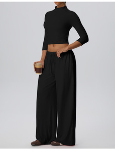 Ensemble de yoga 3 pièces : haut court à manches 3/4, pantalon large, tenue de sport extensible et confortable - Product Image 4