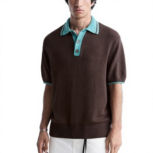 Polo de Punto Marrón para Hombre con Cuello Azul Verdoso, Manga Corta, Estilo Casual, Color Sólido, Prenda de Moda - Product Image 1