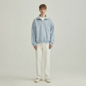 Sweat-shirt unisexe bleu clair à demi-zip en coton French Terry à manches longues, haut décontracté, tenue avec pantalon blanc, style uniforme scolaire - Product Image 1