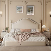 Lit en bois massif, lit avec tête de lit capitonnée de style rétro américain, lit double avec rangement de style mid-century, lit à base surélevée pour chambre principale
