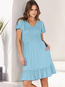Vestido Casual de Verano para <span class=keywords><strong>Mujer</strong></span>, Color Sólido, Cuello en V, Manga Corta con Volantes, Estilo Fluido, Largo hasta la Rodilla, con Bolsillos, Elegante y Sencillo - Product Image 5