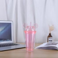 Gobelet à oreilles de souris 16oz, en plastique à double paroi, en acrylique transparent avec couvercle et paille