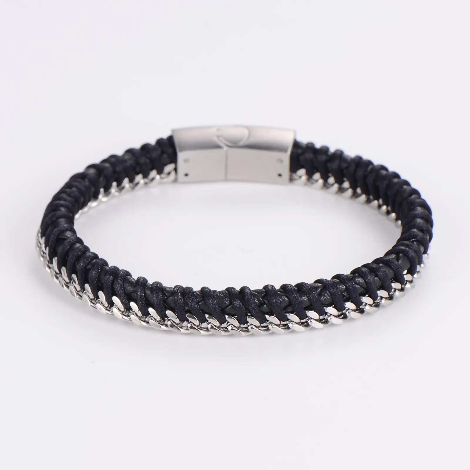 wholesale costume jewellery men custom vintage stainless steel wave franco chain leather braided bracelet