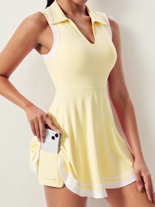 Abito da Tennis Senza Maniche con Colletto a <span class=keywords><strong>Polo</strong></span> per Donne, <span class=keywords><strong>Vestito</strong></span> Sportivo a Contrasto con Tasca per Telefono e Pantaloncini Incorporati, Abito Sportivo per Golf e Allenamento - Product Image 4