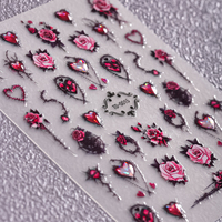 Autocollants et décalcomanies pour ongles DIY Halloween, en plastique gaufré 3D 5D, style gothique, motif rose sombre et cœur français en relief
