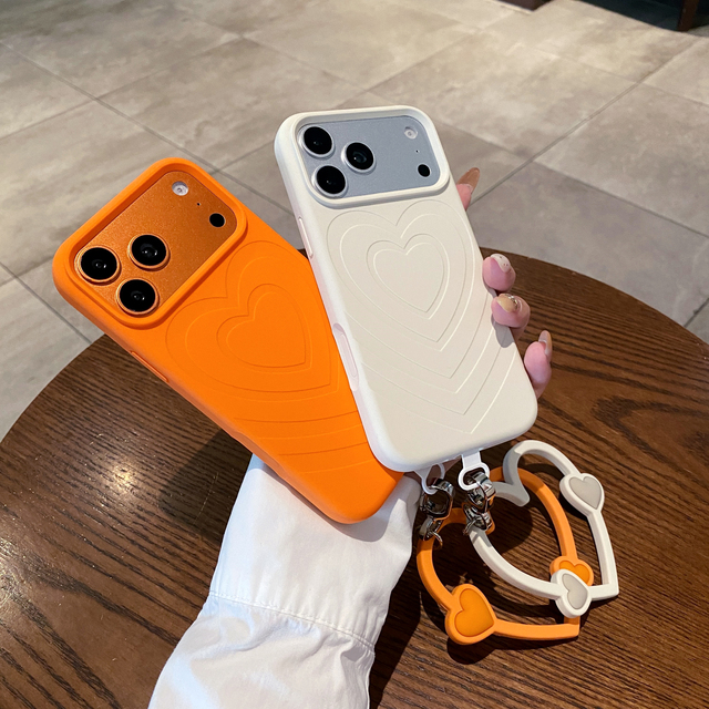 Cute Embossed Liquid Silicone Phone Case With Heart Wrist Strap Skin-Friendly Shockproof Protective Case for iPhone 16-18 Series