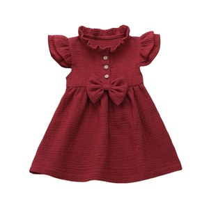 Chaud semi-col roulé robe d'été coton lin crêpe clapet manches cousu nœud robe couleur unie princesse robe pour fille - Product Image 1