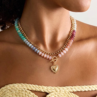 Collier superposé en résine colorée CUMAI, chaîne cubaine plaquée or, pendentif cœur, bijoux bohèmes pour femmes, pour l'été et les fêtes à la plage