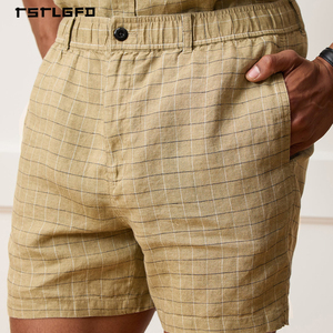 Shorts en lin mélangé à carreaux pour hommes, motif quadrillé, taille élastique, style décontracté Old Money, shorts de plage d'été - Product Image 3