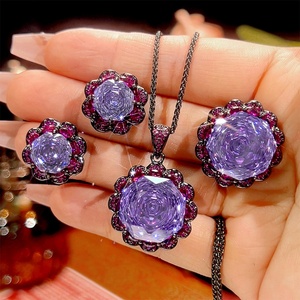 Vintage Eco-friendly Copper Purple Stone Zirconia Jewelry Set 16-10mm Purple Zircon Black Gold Elegant Pendant <b>Earring</b> Ring Set - Product Image 2