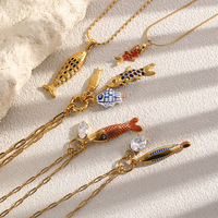 Kalung KITI Berbahan Baja Anti Karat Lapis Emas 18K PVD dengan Liontin Hewan Laut Enamel Modis, Bentuk Ikan, Kerang, dan Bintang Laut