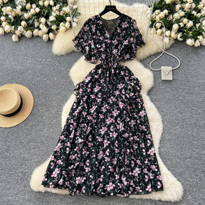 Cruz francesa cuello en V manga corta cintura volante floral mujeres verano vestidos elegantes - Product Image 2