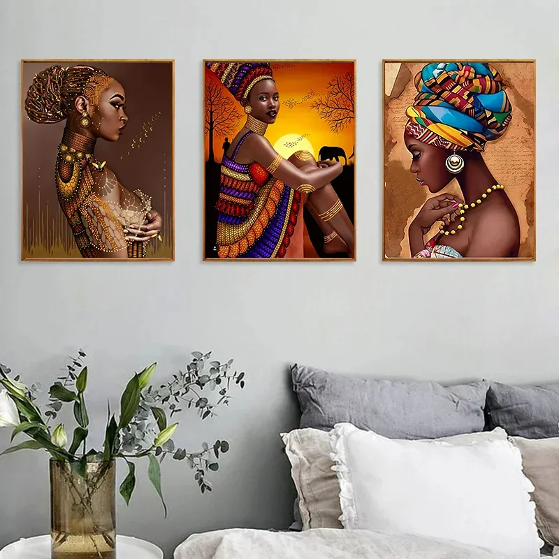 Interior Aesthetic Home Decor African Woman Beautiful Black Women Portrait Canvas Painting Wall Hanging Art