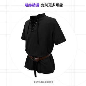Haut médiéval rétro à nouer à la taille, manches courtes, costume de Renaissance pour homme, vert, fibre de polyester, taille adulte - Product Image 4