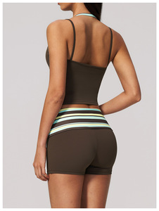 Conjunto de Top Halter a Rayas Reciclado y Shorts de Yoga con Cintura Plegable para Mujer, Ropa Deportiva Transpirable que Absorbe la Humedad - Product Image 3