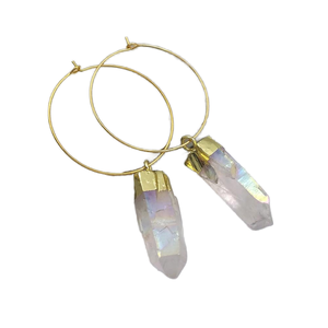 <b>Gold</b> Hoop <b>Earrings</b> with Rainbow Aura Quartz Crystal Points | Large <b>Dangle</b> Statement <b>Earrings</b> | Boho Gemstone Jewelry for Women - Product Image 1